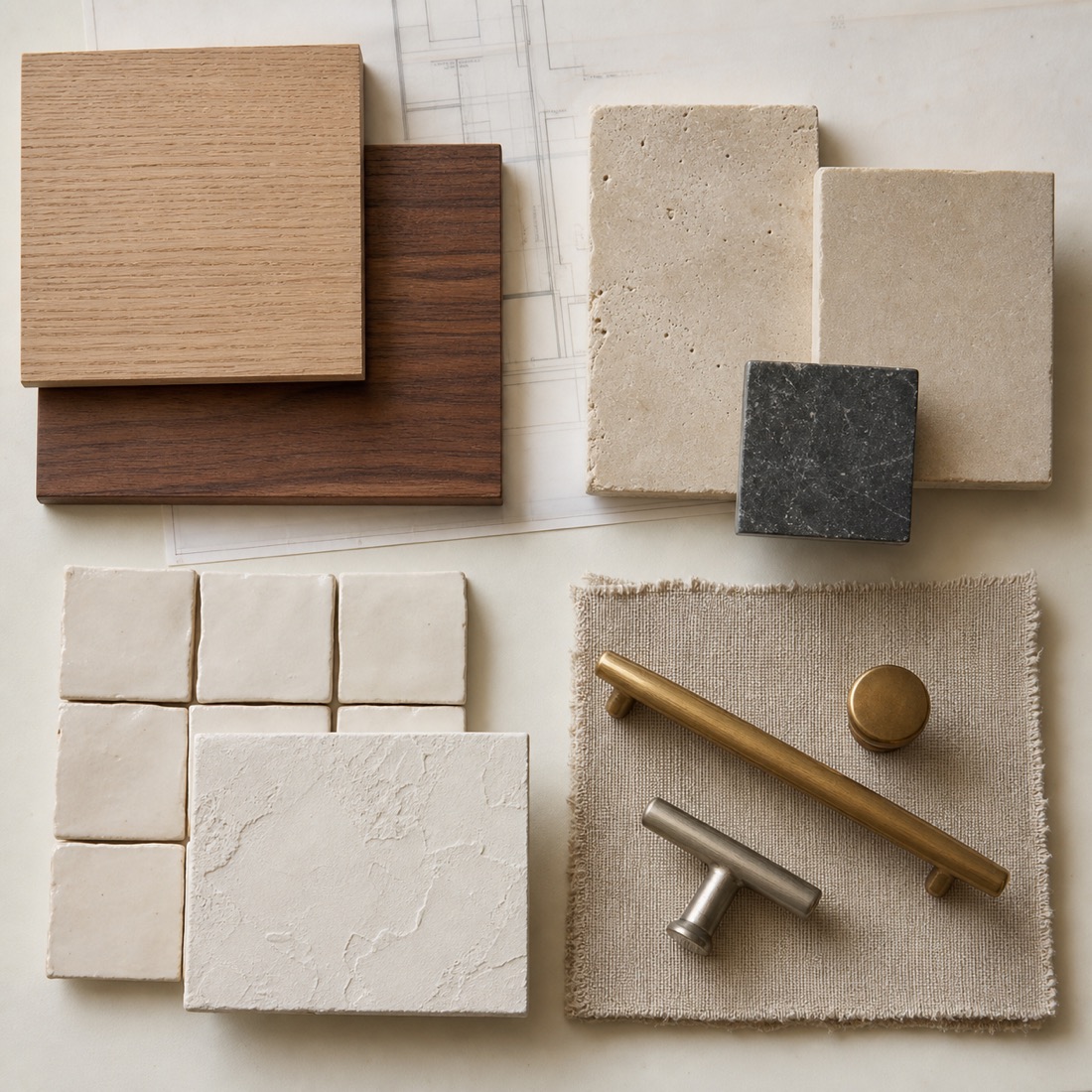 White oak, walnut, stone, handmade tile, plaster, linen, brass, and satin nickel finish samples