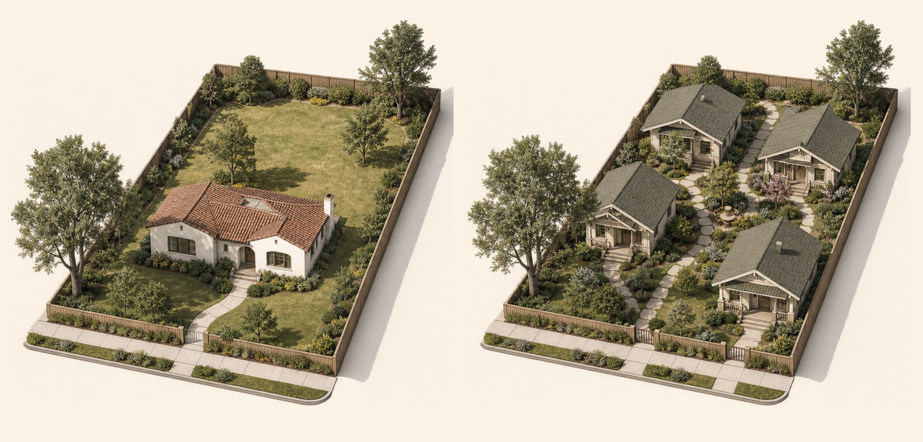 Concept rendering showing one large residential lot transformed into a bungalow court with several small detached homes