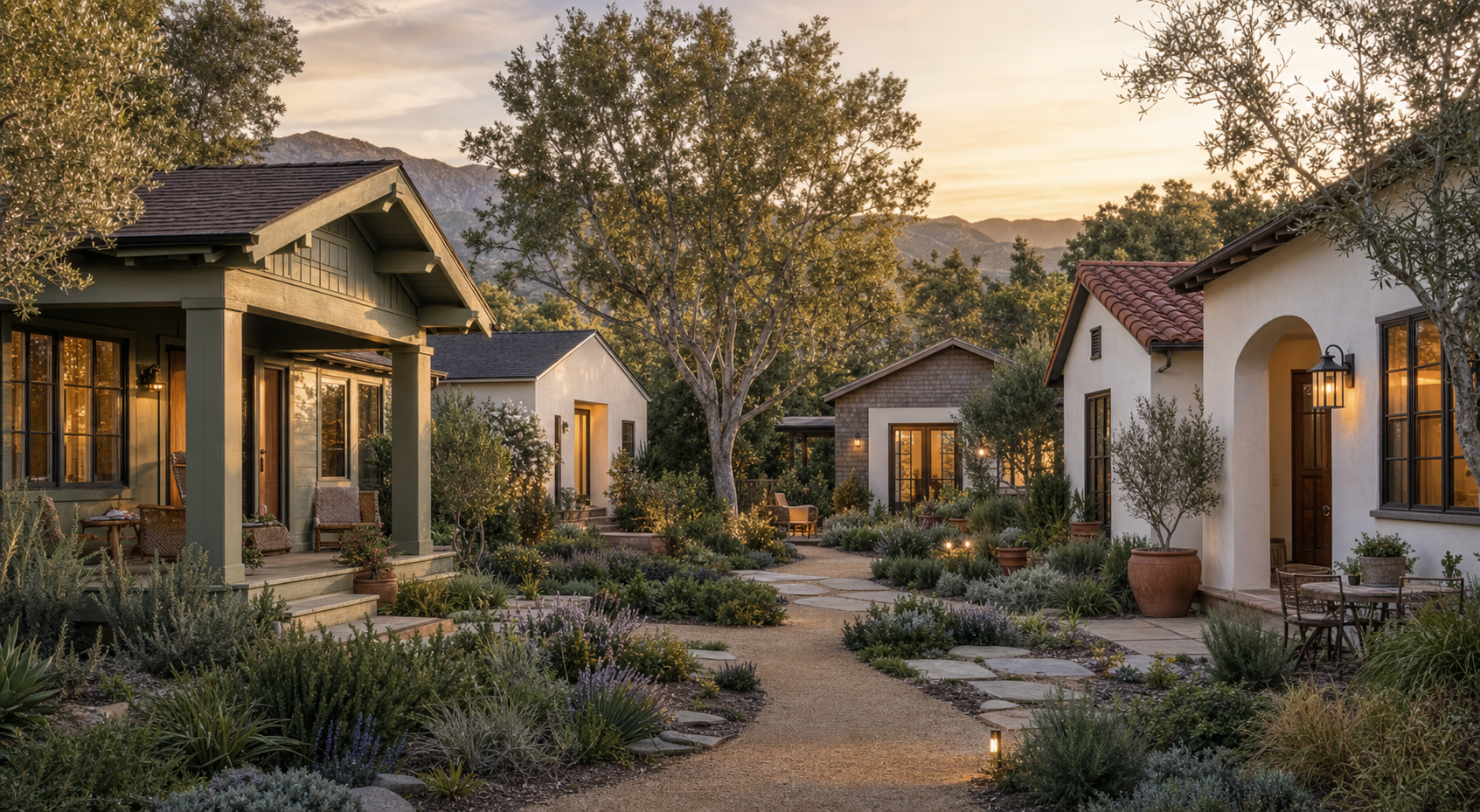 Altadena-style bungalow court courtyard with small detached homes around a shared garden