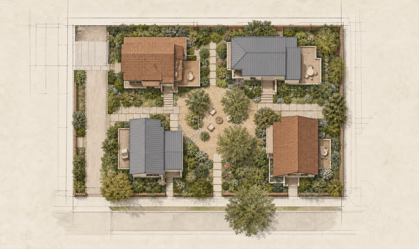 Top-down bungalow court concept plan with detached homes around a shared garden court